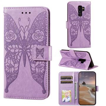 Intricate Embossing Rose Flower Butterfly Leather Wallet Case for Samsung Galaxy S9 Plus(S9+) - Purple