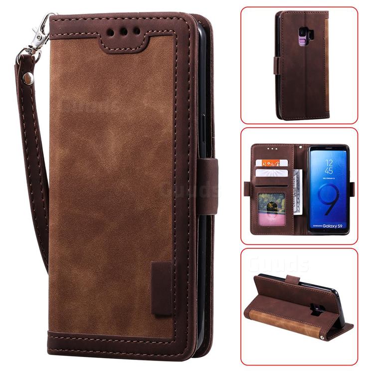 Luxury Retro Stitching Leather Wallet Phone Case for Samsung Galaxy S9 Plus(S9+) - Dark Brown