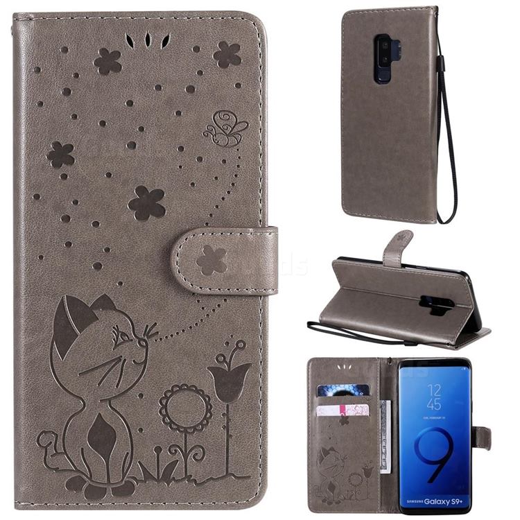 Embossing Bee and Cat Leather Wallet Case for Samsung Galaxy S9 Plus(S9+) - Gray