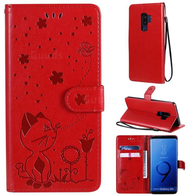 Embossing Bee and Cat Leather Wallet Case for Samsung Galaxy S9 Plus(S9+) - Red