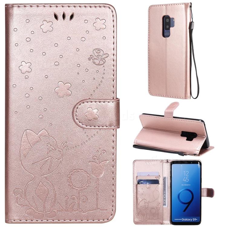 Embossing Bee and Cat Leather Wallet Case for Samsung Galaxy S9 Plus(S9+) - Rose Gold