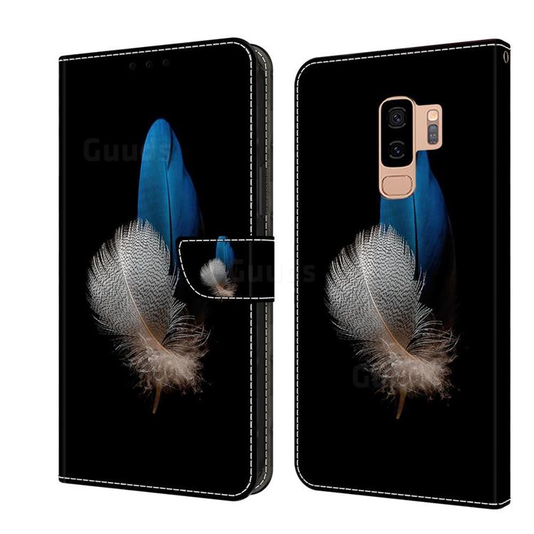 White Blue Feathers Crystal PU Leather Protective Wallet Case Cover for Samsung Galaxy S9 Plus(S9+)