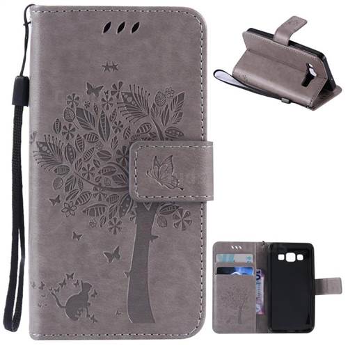 Embossing Butterfly Tree Leather Wallet Case for Samsung Galaxy A3 A300 - Grey