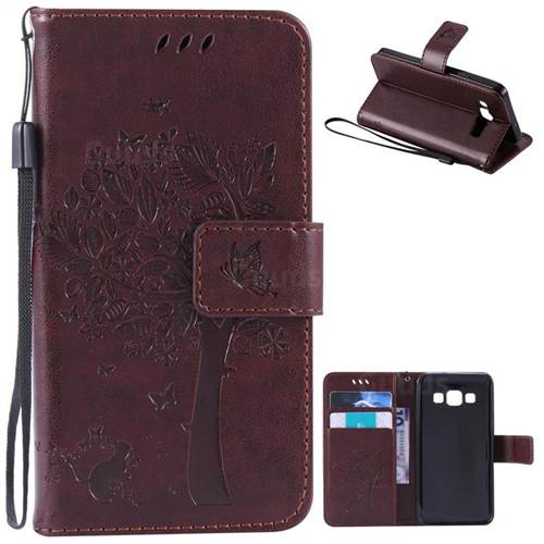 Embossing Butterfly Tree Leather Wallet Case for Samsung Galaxy A3 A300 - Coffee