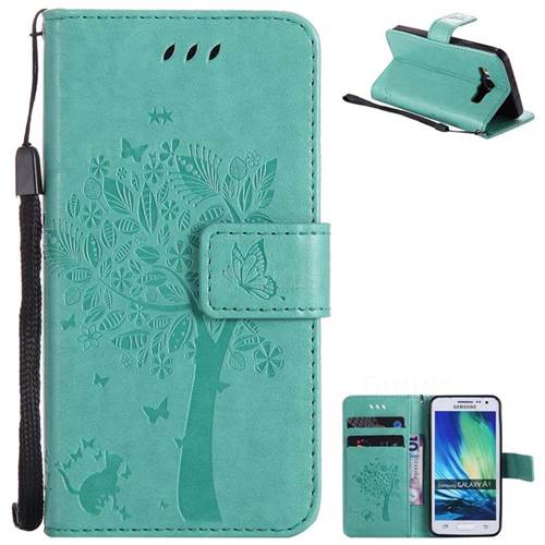 Embossing Butterfly Tree Leather Wallet Case for Samsung Galaxy A3 2015 A300 - Cyan