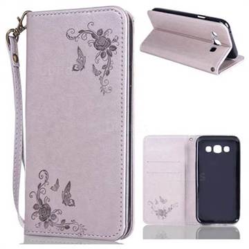 Intricate Embossing Slim Butterfly Rose Leather Holster Case for Samsung Galaxy A3 2015 A300 - Grey