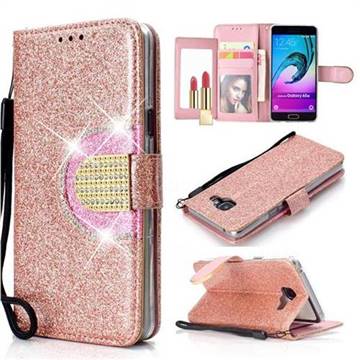 Glitter Diamond Buckle Splice Mirror Leather Wallet Phone Case for Samsung Galaxy A3 2016 A310 - Rose Gold