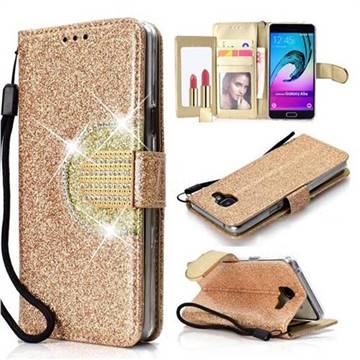 Glitter Diamond Buckle Splice Mirror Leather Wallet Phone Case for Samsung Galaxy A3 2016 A310 - Golden
