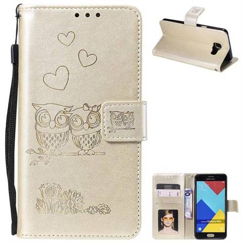 Embossing Owl Couple Flower Leather Wallet Case for Samsung Galaxy A3 2016 A310 - Golden