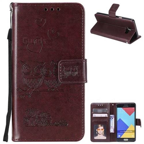 Embossing Owl Couple Flower Leather Wallet Case for Samsung Galaxy A3 2016 A310 - Brown