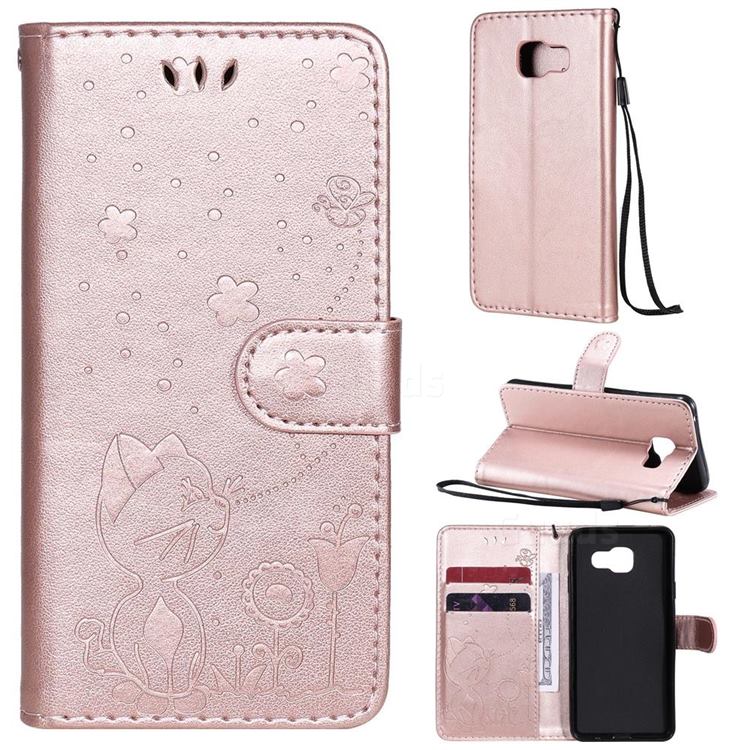 Embossing Bee and Cat Leather Wallet Case for Samsung Galaxy A3 2016 A310 - Rose Gold