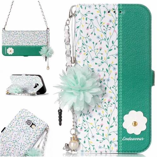 Magnolia Endeavour Florid Pearl Flower Pendant Metal Strap PU Leather Wallet Case for Samsung Galaxy A3 2017 A320