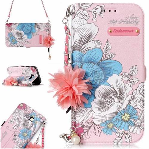 Pink Blue Rose Endeavour Florid Pearl Flower Pendant Metal Strap PU Leather Wallet Case for Samsung Galaxy A3 2017 A320