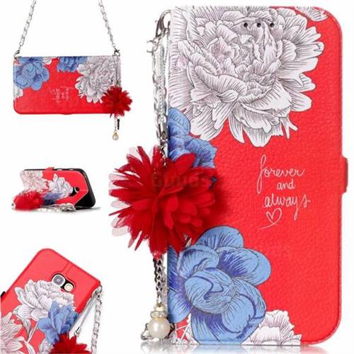 Red Chrysanthemum Endeavour Florid Pearl Flower Pendant Metal Strap PU Leather Wallet Case for Samsung Galaxy A3 2017 A320
