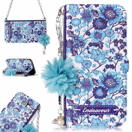 Blue-and-White Endeavour Florid Pearl Flower Pendant Metal Strap PU Leather Wallet Case for Samsung Galaxy A3 2017 A320