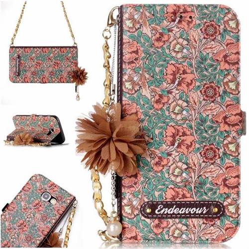 Impatiens Endeavour Florid Pearl Flower Pendant Metal Strap PU Leather Wallet Case for Samsung Galaxy A3 2017 A320