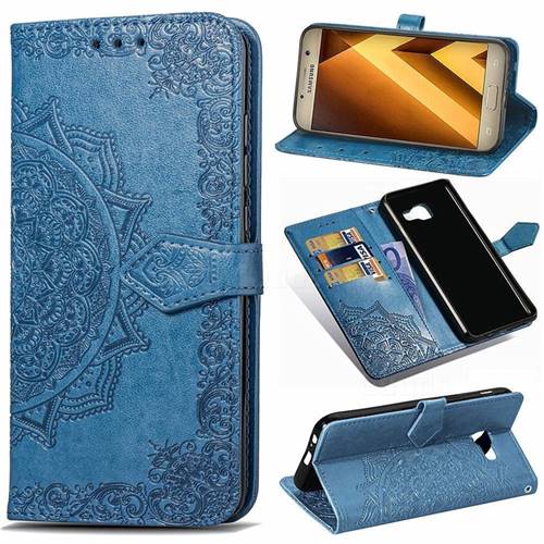 Embossing Imprint Mandala Flower Leather Wallet Case for Samsung Galaxy A3 2017 A320 - Blue