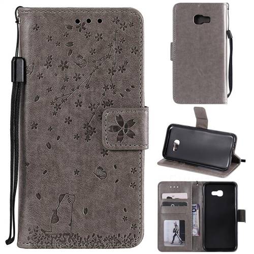 Embossing Cherry Blossom Cat Leather Wallet Case for Samsung Galaxy A3 2017 A320 - Gray