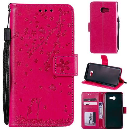 Embossing Cherry Blossom Cat Leather Wallet Case for Samsung Galaxy A3 2017 A320 - Rose