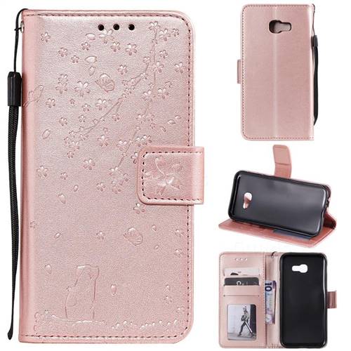Embossing Cherry Blossom Cat Leather Wallet Case for Samsung Galaxy A3 2017 A320 - Rose Gold