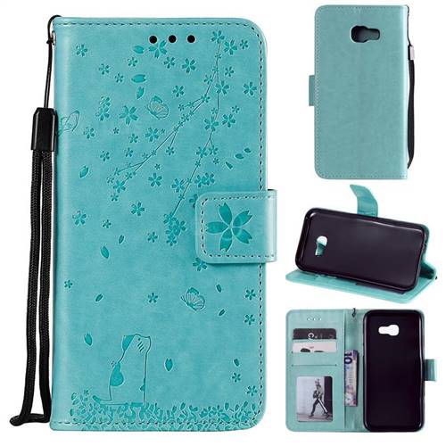 Embossing Cherry Blossom Cat Leather Wallet Case for Samsung Galaxy A3 2017 A320 - Green