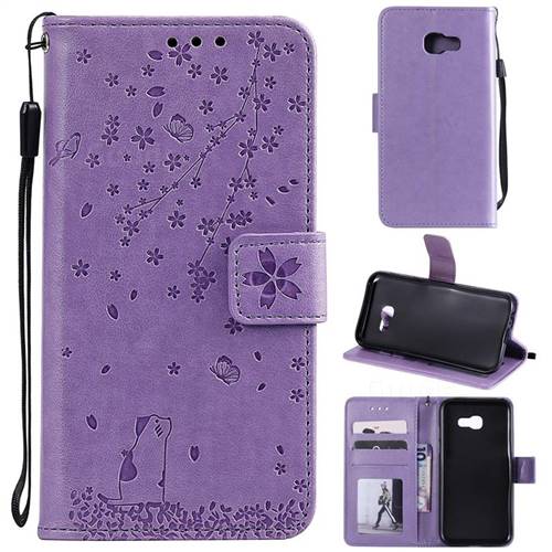 Embossing Cherry Blossom Cat Leather Wallet Case for Samsung Galaxy A3 2017 A320 - Purple