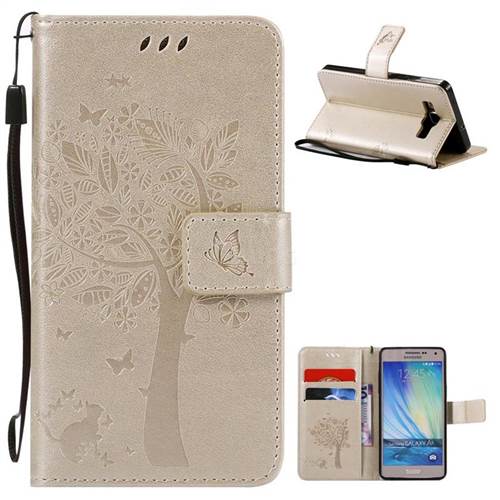 Embossing Butterfly Tree Leather Wallet Case for Samsung Galaxy A5 A500 - Champagne
