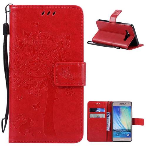 Embossing Butterfly Tree Leather Wallet Case for Samsung Galaxy A5 A500 - Red
