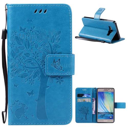 Embossing Butterfly Tree Leather Wallet Case for Samsung Galaxy A5 A500 - Blue