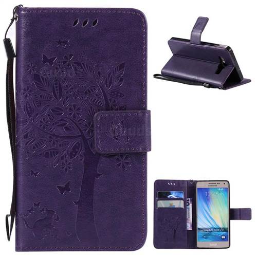 Embossing Butterfly Tree Leather Wallet Case for Samsung Galaxy A5 A500 - Purple