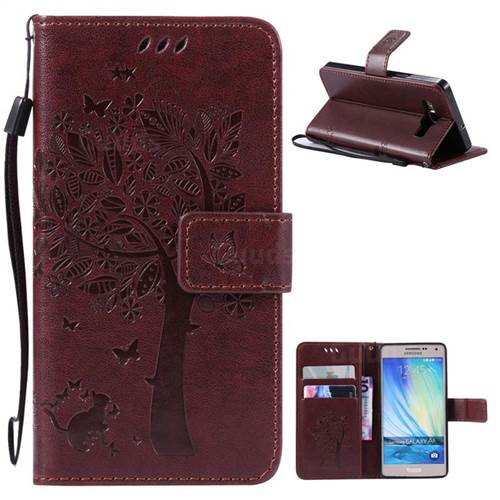 Embossing Butterfly Tree Leather Wallet Case for Samsung Galaxy A5 A500 - Coffee