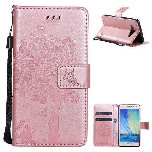 Embossing Butterfly Tree Leather Wallet Case for Samsung Galaxy A5 2015 A500 - Rose Pink