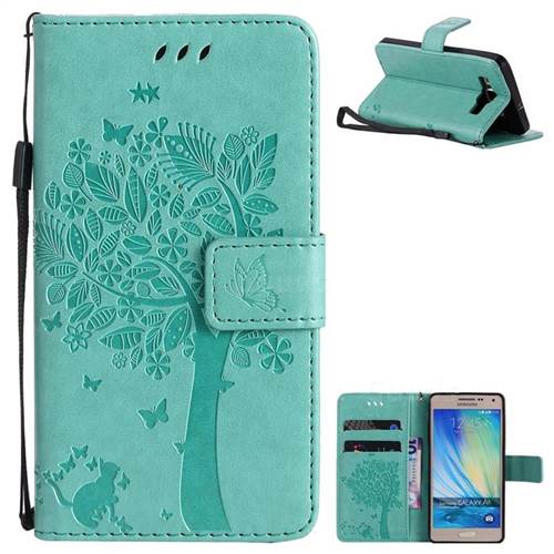 Embossing Butterfly Tree Leather Wallet Case for Samsung Galaxy A5 2015 A500 - Cyan
