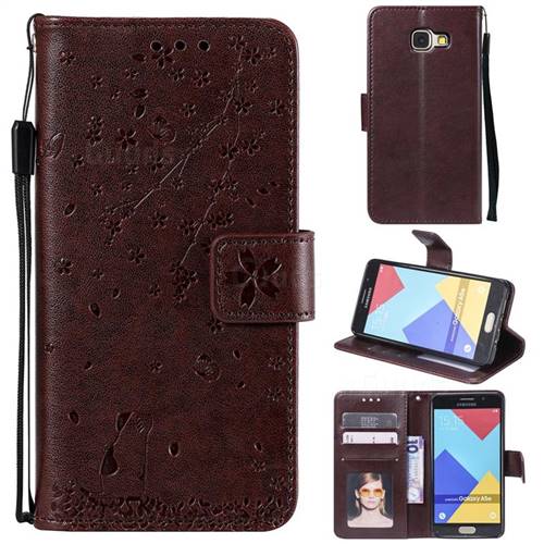 Embossing Cherry Blossom Cat Leather Wallet Case for Samsung Galaxy A5 2016 A510 - Brown