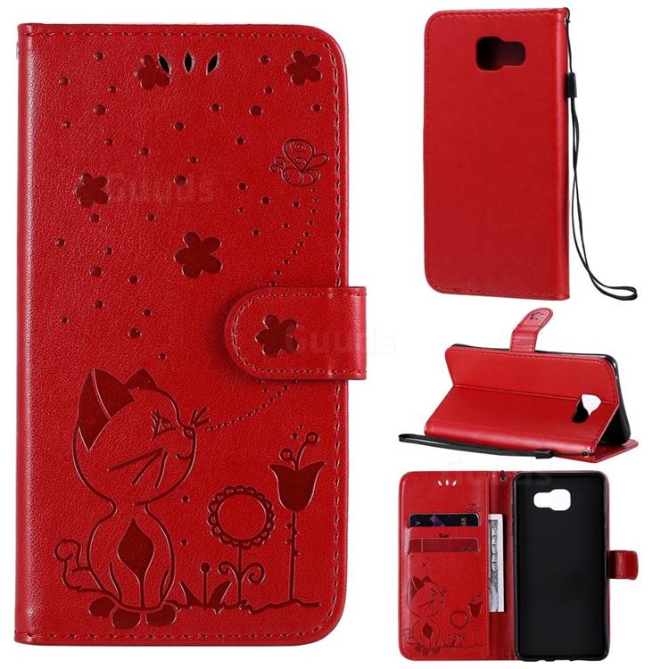 Embossing Bee and Cat Leather Wallet Case for Samsung Galaxy A5 2016 A510 - Red
