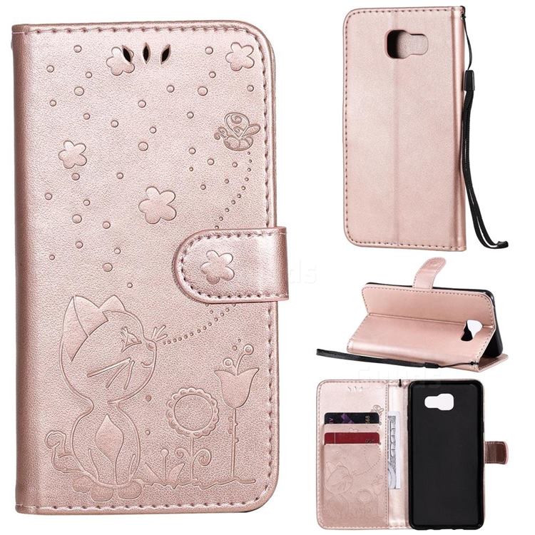 Embossing Bee and Cat Leather Wallet Case for Samsung Galaxy A5 2016 A510 - Rose Gold