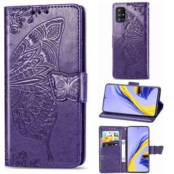 Embossing Mandala Flower Butterfly Leather Wallet Case for Samsung Galaxy A51 5G - Dark Purple