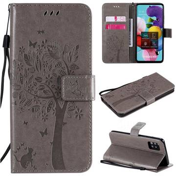 Embossing Butterfly Tree Leather Wallet Case for Samsung Galaxy A51 5G - Grey