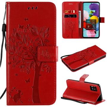 Embossing Butterfly Tree Leather Wallet Case for Samsung Galaxy A51 5G - Red