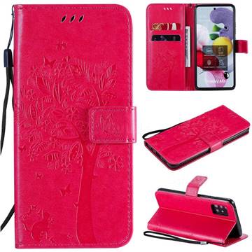 Embossing Butterfly Tree Leather Wallet Case for Samsung Galaxy A51 5G - Rose