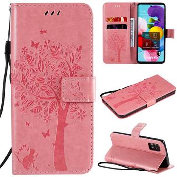Embossing Butterfly Tree Leather Wallet Case for Samsung Galaxy A51 5G - Pink