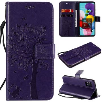 Embossing Butterfly Tree Leather Wallet Case for Samsung Galaxy A51 5G - Purple