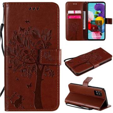 Embossing Butterfly Tree Leather Wallet Case for Samsung Galaxy A51 5G - Coffee