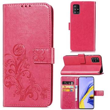 Embossing Imprint Four-Leaf Clover Leather Wallet Case for Samsung Galaxy A51 5G - Rose Red