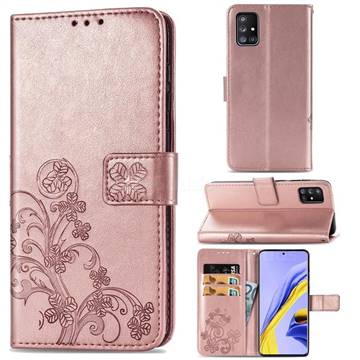 Embossing Imprint Four-Leaf Clover Leather Wallet Case for Samsung Galaxy A51 5G - Rose Gold