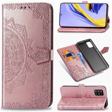 Embossing Imprint Mandala Flower Leather Wallet Case for Samsung Galaxy A51 5G - Rose Gold