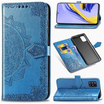 Embossing Imprint Mandala Flower Leather Wallet Case for Samsung Galaxy A51 5G - Blue