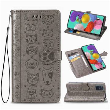 Embossing Dog Paw Kitten and Puppy Leather Wallet Case for Samsung Galaxy A51 5G - Gray