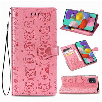 Embossing Dog Paw Kitten and Puppy Leather Wallet Case for Samsung Galaxy A51 5G - Pink