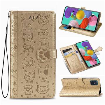 Embossing Dog Paw Kitten and Puppy Leather Wallet Case for Samsung Galaxy A51 5G - Champagne Gold